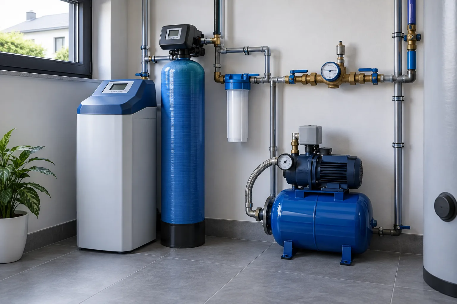 Zmiękczacz wody, hydrofor i instalacja wodna